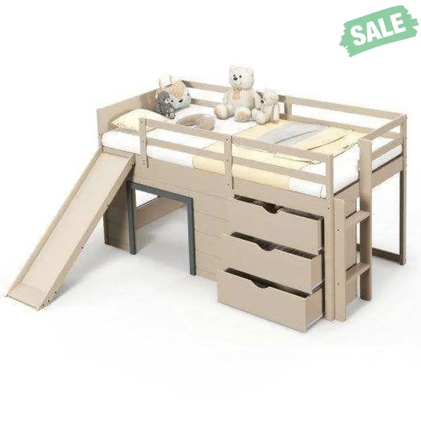 3-In-1 Twin Loft Bed with Slide Ladder Drawers for Kids Teens-Beige Toddler Beds