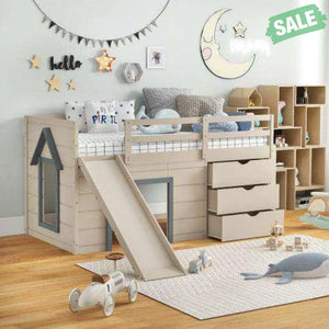 3-In-1 Twin Loft Bed with Slide Ladder Drawers for Kids Teens-Beige Toddler Beds