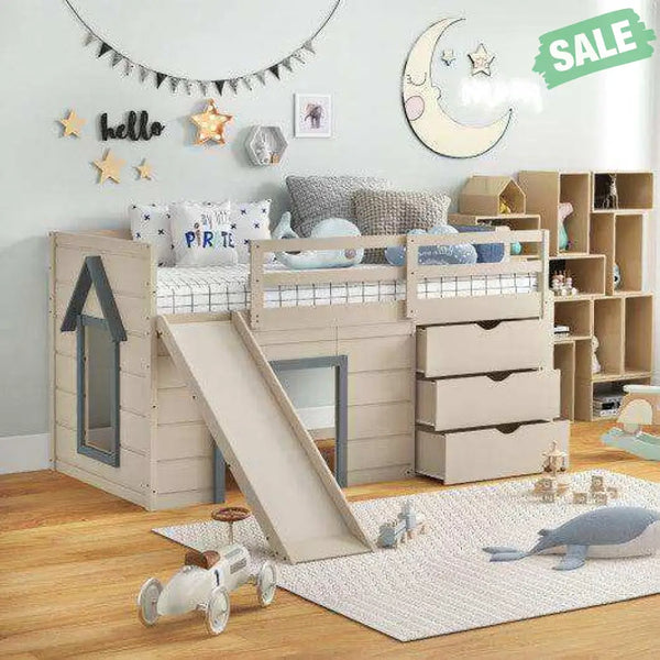 3-In-1 Twin Loft Bed with Slide Ladder Drawers for Kids Teens-Beige Toddler Beds