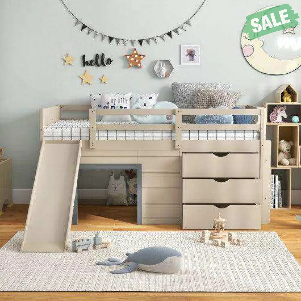 3-In-1 Twin Loft Bed with Slide Ladder Drawers for Kids Teens-Beige Toddler Beds