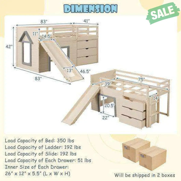 3-In-1 Twin Loft Bed with Slide Ladder Drawers for Kids Teens-Beige Toddler Beds