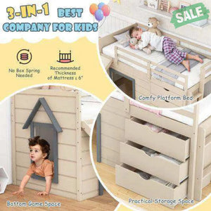 3-In-1 Twin Loft Bed with Slide Ladder Drawers for Kids Teens-Beige Toddler Beds