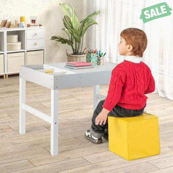 3 in 1 Wooden Kids Table with Storage and Double-Sided Tabletop-White Kids Table & Chair Sets