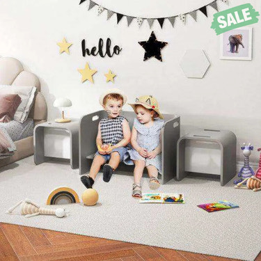 3 Pieces Kids Wooden Table and Chair Set-Gray