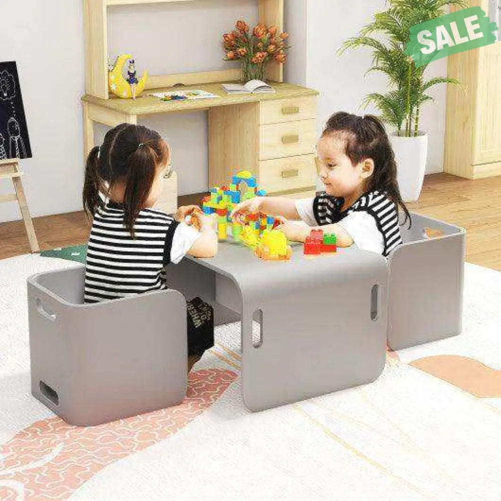 3 Pieces Kids Wooden Table and Chair Set-Gray