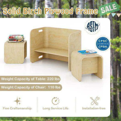 3 Pieces Kids Wooden Table and Chair Set-Natural Natural Kids Table & Chair Sets