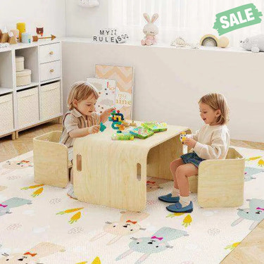 3 Pieces Kids Wooden Table and Chair Set-Natural Natural Kids Table & Chair Sets
