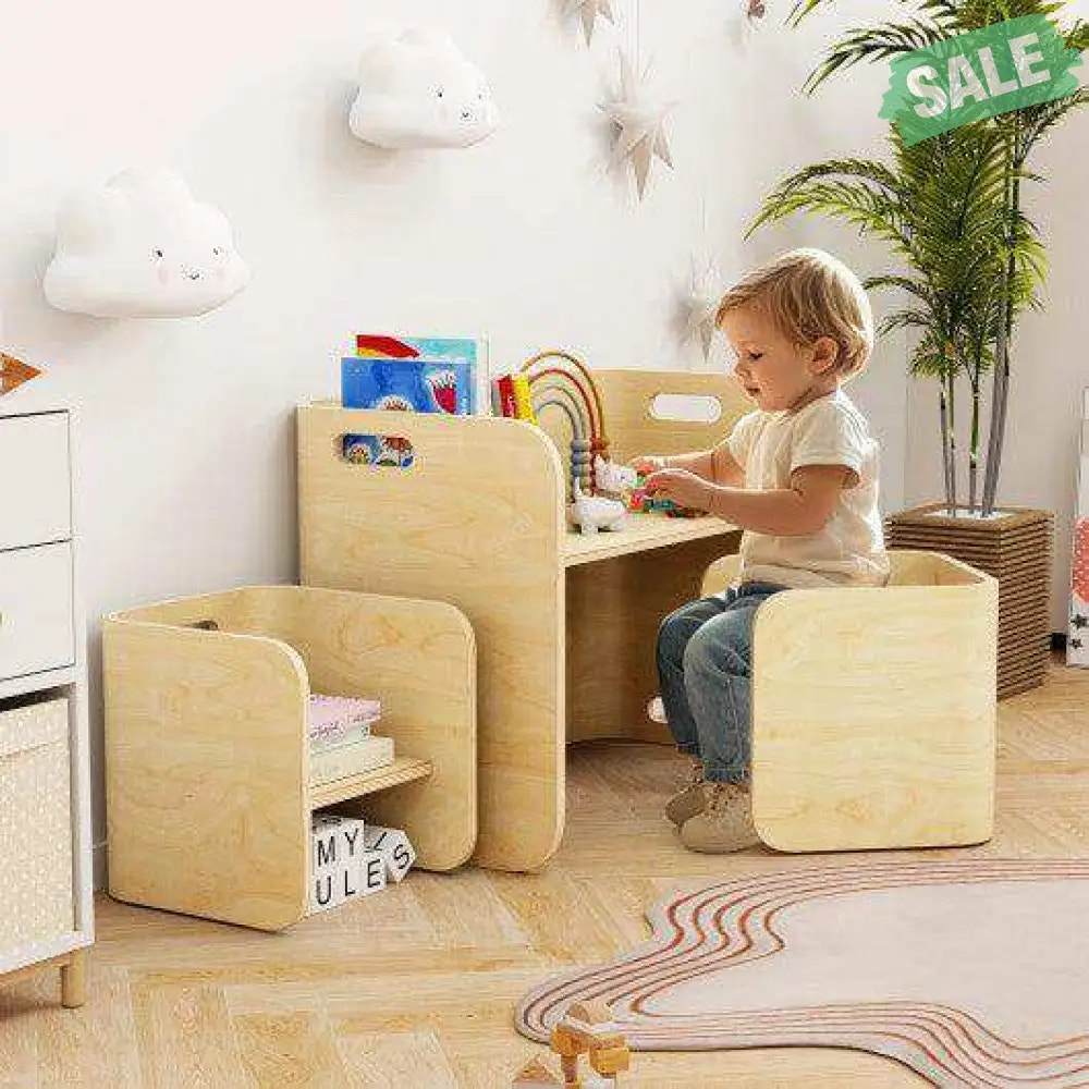 3 Pieces Kids Wooden Table and Chair Set-Natural Natural Kids Table & Chair Sets