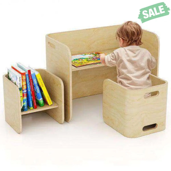 3 Pieces Kids Wooden Table and Chair Set-Natural Natural Kids Table & Chair Sets