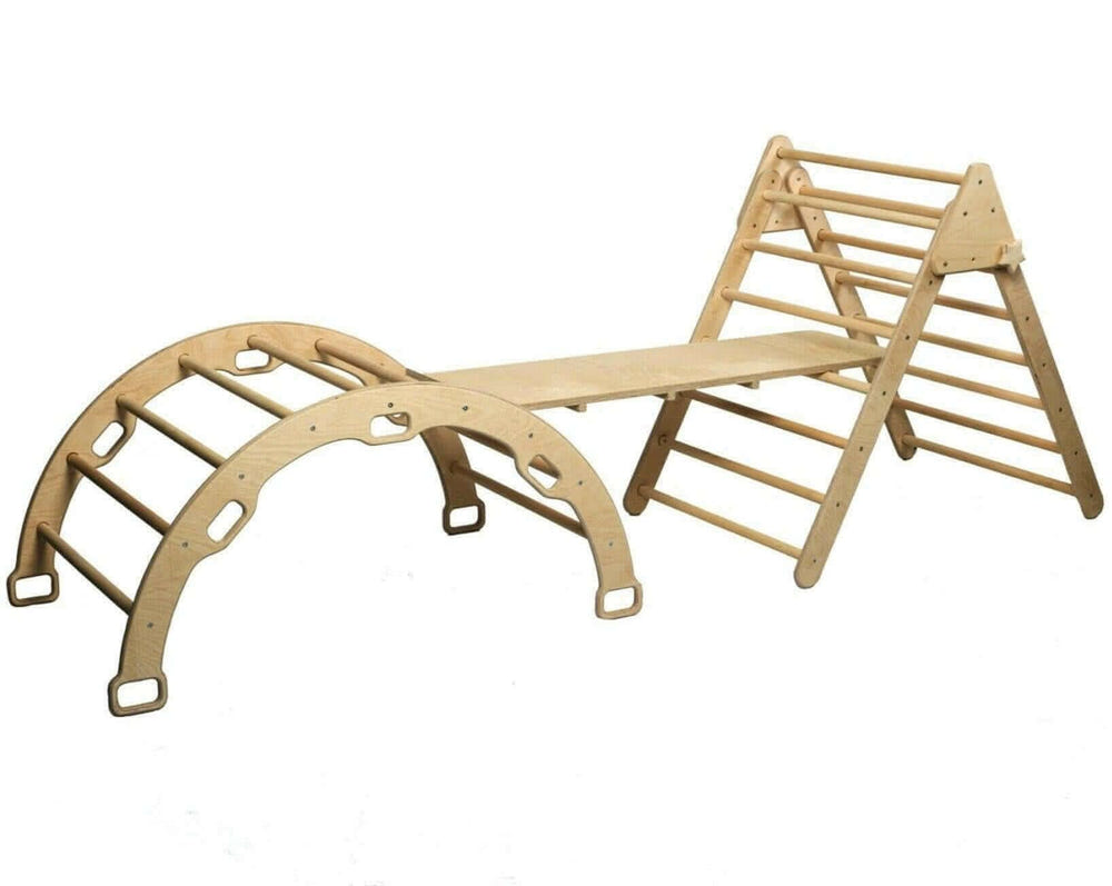 Montessori climbing set with Pikler triangle, climbing arch, and ramp for active baby play and development.
