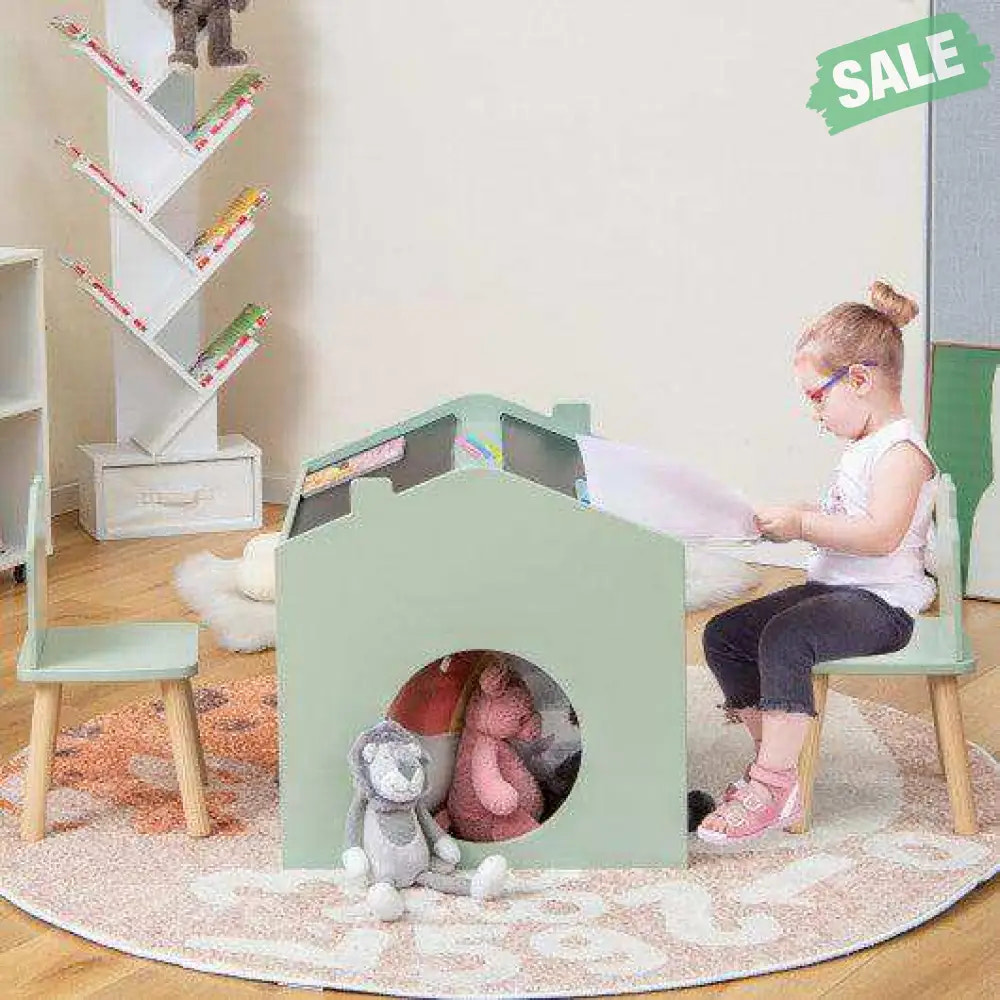 3 Pieces Wooden Kids Table and Chair Set-Green Kids Table & Chair Sets