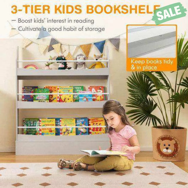 3-Tier Bookshelf with 2 Anti-Tipping Kits for Books and Magazines-Gray Gray Kids Storage