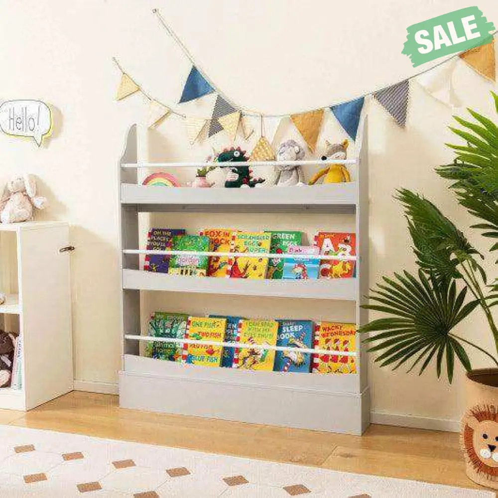 3-Tier Bookshelf with 2 Anti-Tipping Kits for Books and Magazines-Gray Kids Storage