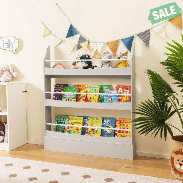 3-Tier Bookshelf with 2 Anti-Tipping Kits for Books and Magazines-Gray Kids Storage