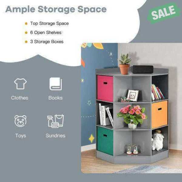 3-Tier Kids Storage Shelf Corner Cabinet with 3 Baskets-White White Kids Storage