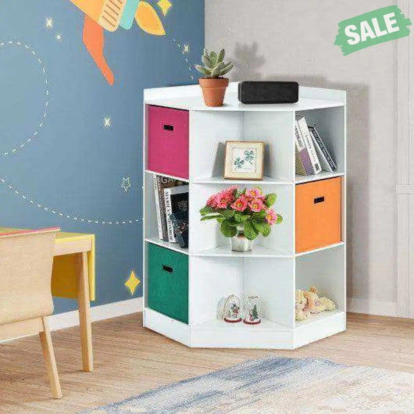 3-Tier Kids Storage Shelf Corner Cabinet with 3 Baskets-White White Kids Storage