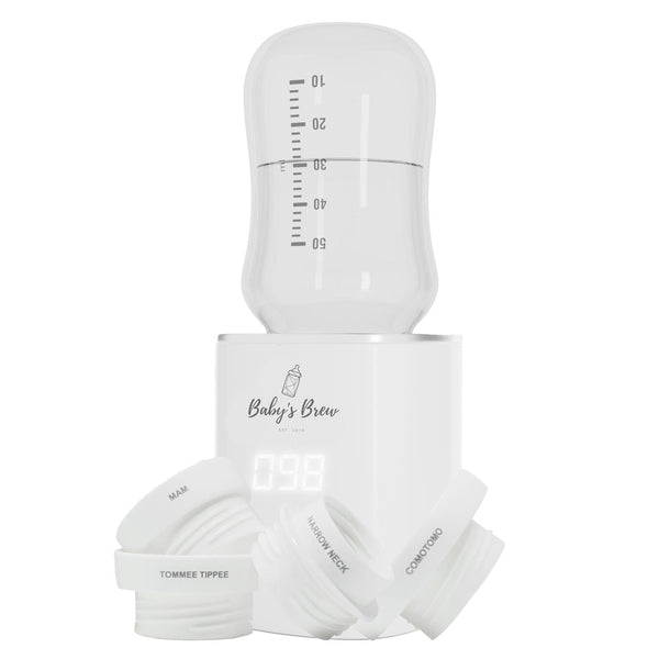 Portable bottle warmer adapter set with warmer and four adapters for convenient baby feeding on-the-go.