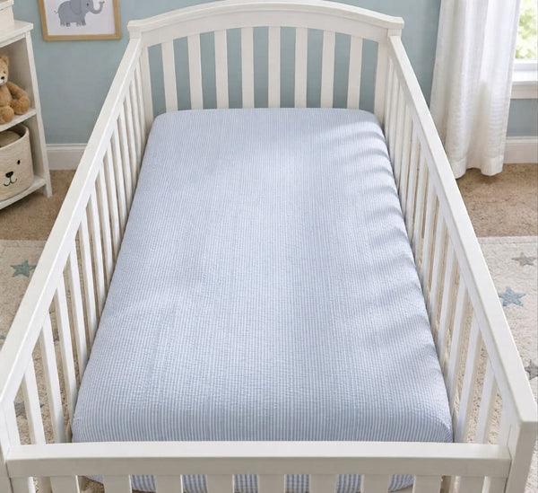 Wendy Anne Blue Seersucker Stripe Cotton Oval Fitted Sheet