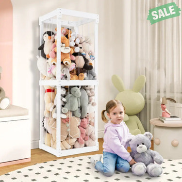 300L Large Stuffed Animal Storage with Open Top and Elastic Cords-White Kids Storage