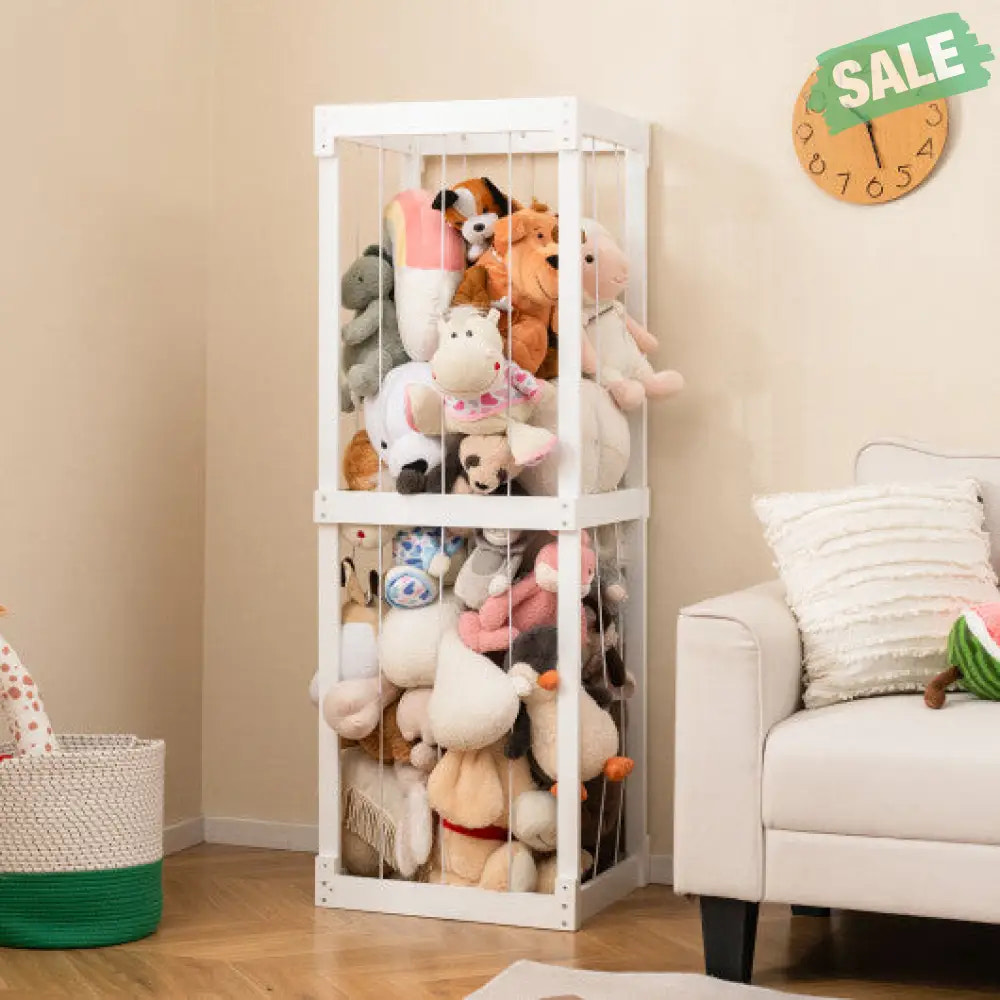 300L Large Stuffed Animal Storage with Open Top and Elastic Cords-White Kids Storage