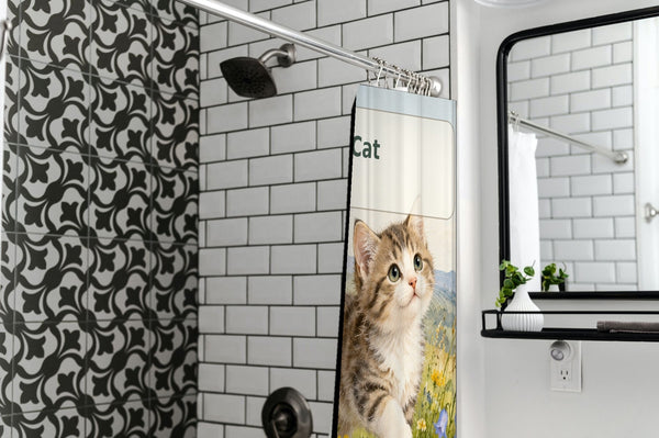 C is for Cat Alphabet shower curtain in a modern farmhouse bathroom with subway tile
