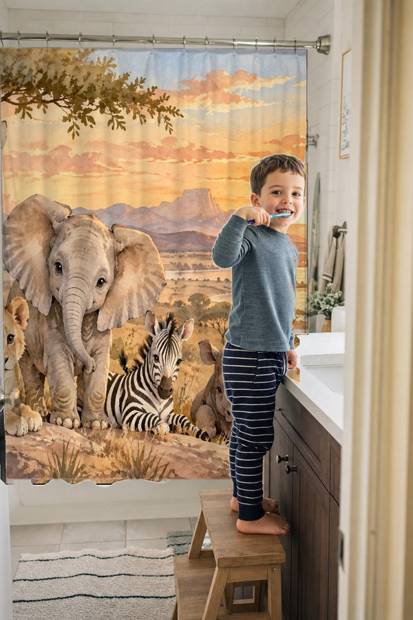 Child brushing teeth in a family bathroom with the Sunset Savanna shower curtain
