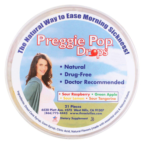 Three Lollies Preggie Pop Drops in Sour Raspberry, Apple, Lemon & Tangerine flavors - 21 drops for expecting moms.