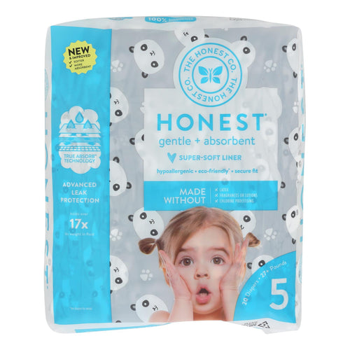 The Honest Company Pandas Diapers, Size 5, pack of 20, eco-friendly baby diapers with cute panda design.
