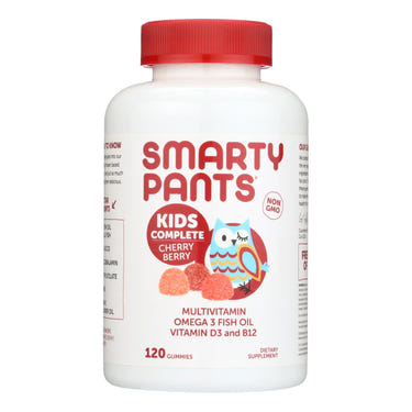 Smartypants Kids Complete Cherry Gummy Vitamins, 120 count, colorful packaging, essential nutrients for kids.