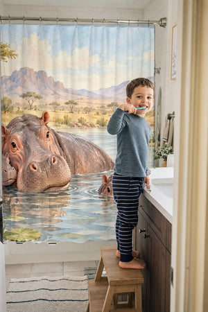 Child brushing teeth in a family bathroom with the Hippo Family Safari shower curtain