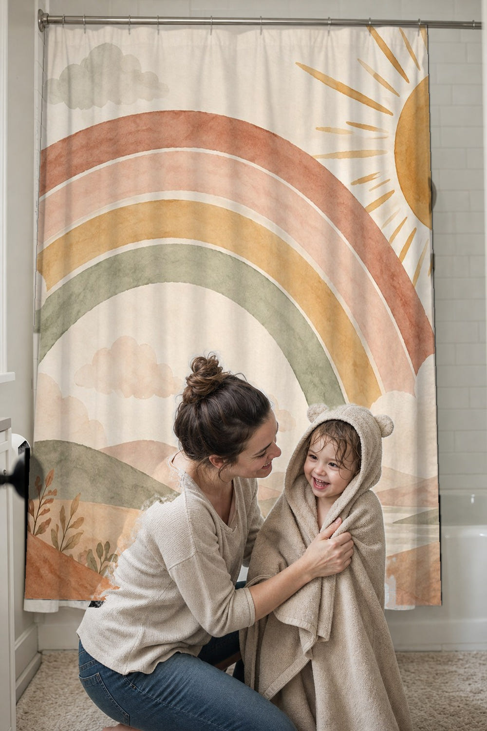 Rainbow Sunshine Clouds shower curtain, full front view of the 71 x 74 in fabric curtain