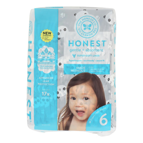 The Honest Company Size 6 Pandas Design Diapers, 18 count, eco-friendly baby diapers for comfort and protection.