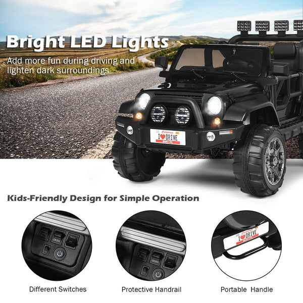 12V 2-seater ride-on car truck with remote control and storage, perfect for kids' outdoor fun.