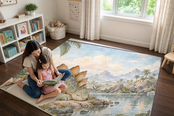 Mom and daughter reading a book on the Sleepy Stegosaurus Dinosaur play rug