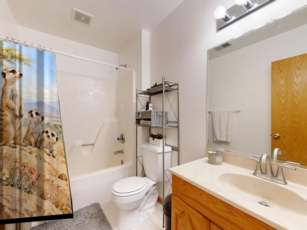 Meerkat Family Safari shower curtain on a tub shower combo in an American family bathroom