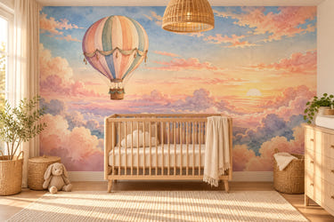 Watercolor Sunrise Hot Air Balloon Wall Mural, image 1