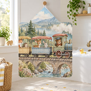 Animal Train kids hooded bath towel hanging in a kids bathroom
