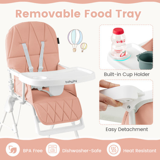 Easy Clean Compact Highchair with Removable Adjustable Tray and PU Seat Cushion-Pink