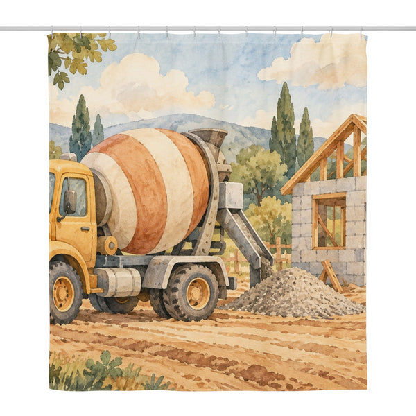 Cement Mixer shower curtain, full front view of the 71 x 74 in fabric curtain