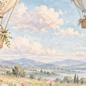Meadow Hot Air Balloons shower curtain, close up of the watercolor artwork