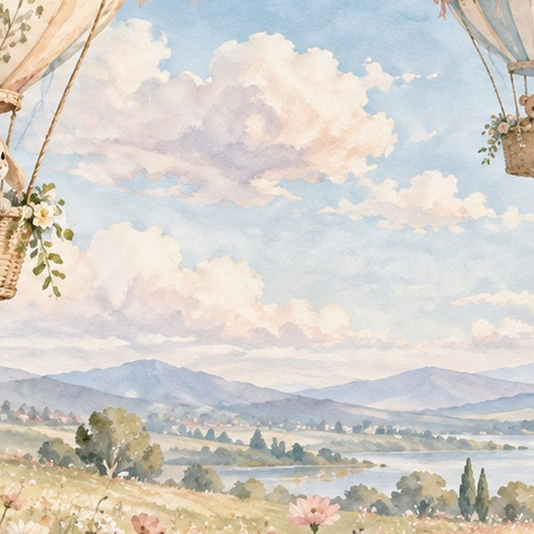 Meadow Hot Air Balloons shower curtain, close up of the watercolor artwork