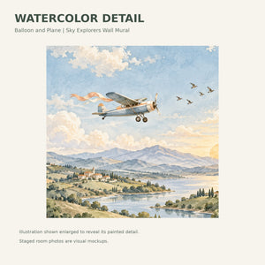 Watercolor Balloon and Plane Wall Mural, image 4