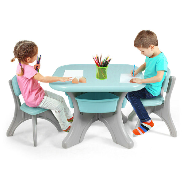 Colorful 3-piece plastic play table and chair set for kids, perfect for indoor and outdoor use.