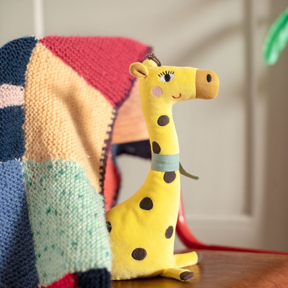 Giraffe Rattle from "The Toupitis" collection, soft plush toy for babies, perfect for playtime and sensory development.
