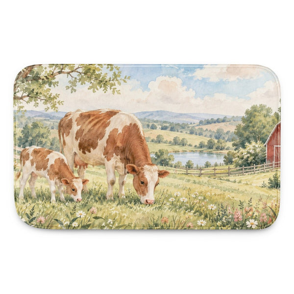 Cow and Calf Farm kids bath mat, full view of the printed design
