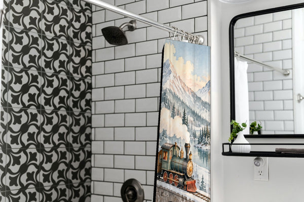 Winter Train shower curtain in a modern farmhouse bathroom with subway tile