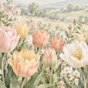 Pastel Tulip Field shower curtain, close up of the watercolor artwork