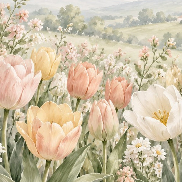 Pastel Tulip Field shower curtain, close up of the watercolor artwork