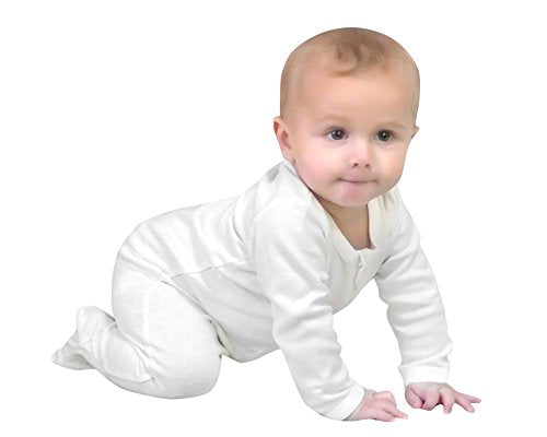 100% organic cotton off-white zip footed pajamas for babies, angle 3 view showcasing soft fabric and cozy design.