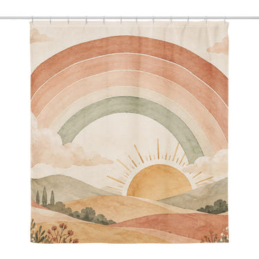 Rainbow Sunrise Hills shower curtain, full front view of the 71 x 74 in fabric curtain